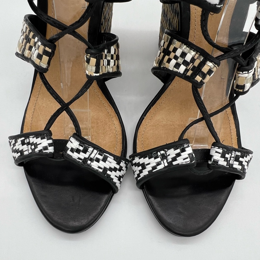 Schutz Woven Raffia Block Heel Lace-Up Strappy Sandals Black/White Sz 7 - Picture 4 of 16